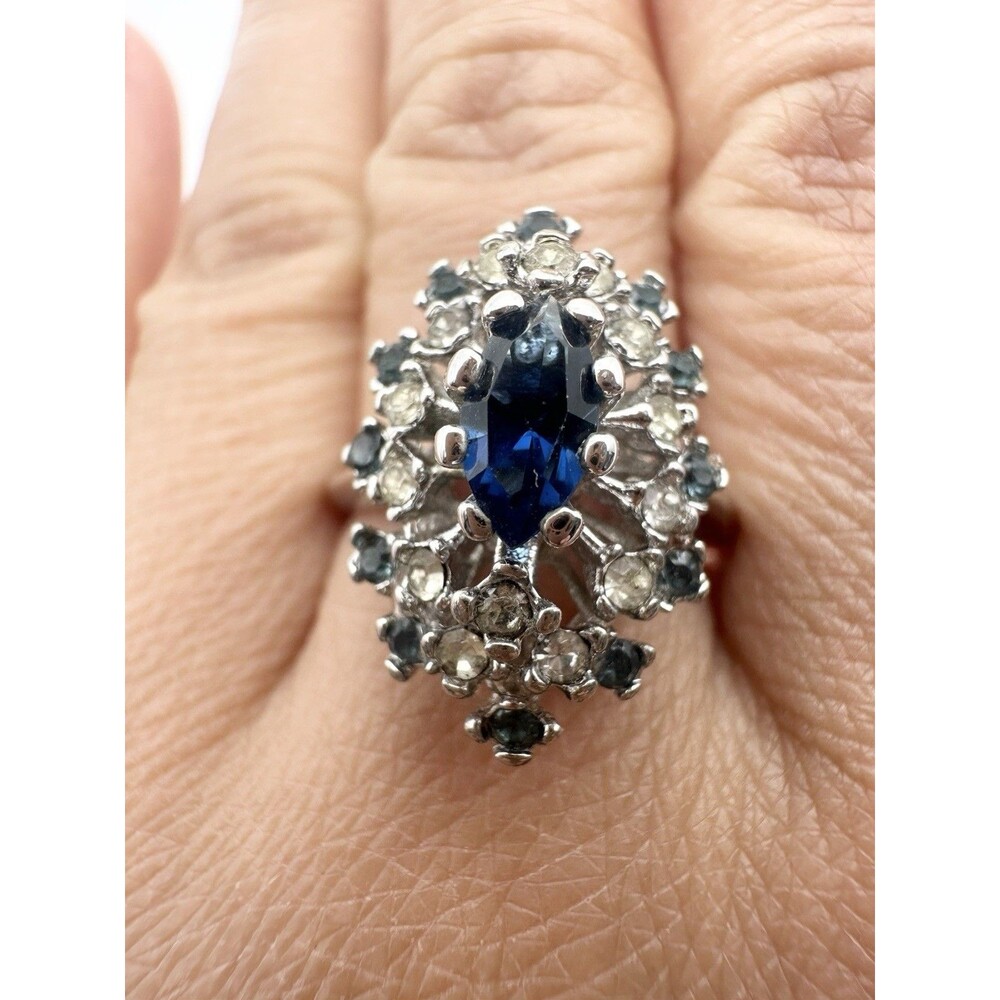 Vintage Faux Sapphire Rhinestone Cluster Ring Size 8 Marquise Cocktail Statement